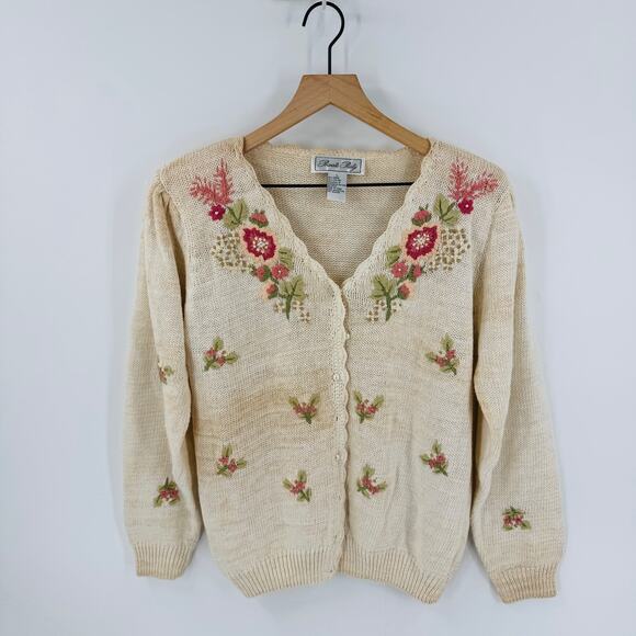 Vintage Private Party Ramie Cotton Floral 3D Knit Cardigan Sweater L Grannycore - Picture 1 of 10